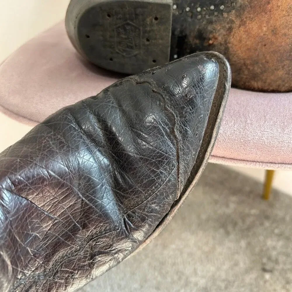 Vintage Men's Tony Lama Black Ostrich Leg Cowboy Boots J-Toe Size 9 Black Red